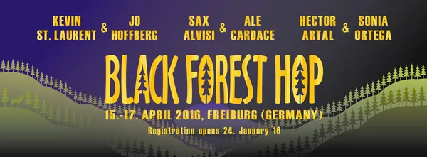 Black Forest Hop Festivalbanner, 15.–17. April 2016, Freiburg: gelbe Schrift auf violettem Nachthimmel mit Lehrernamen
