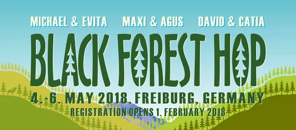 Black Forest Hop Festivalbanner, 4.–6. Mai 2018, Freiburg: dunkelgrüne Schrift über grünen Hügeln und Lehrerpaaren