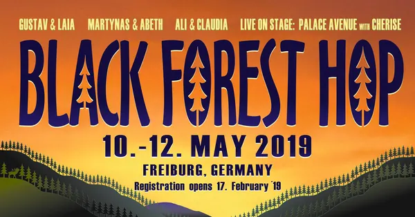 Black Forest Hop Festivalbanner, 10.–12. Mai 2019, Freiburg: dunkelblaue Schrift auf orangem Abendhimmel, Liveband Palace Avenue with Cherise