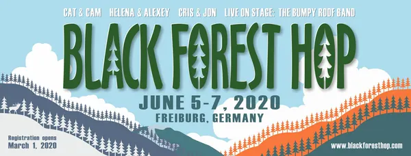 Black Forest Hop Festivalbanner, 5.–7. Juni 2020, Freiburg: grüne Schrift über stilisierten Waldhügeln, Liveband The Bumpy Roof Band
