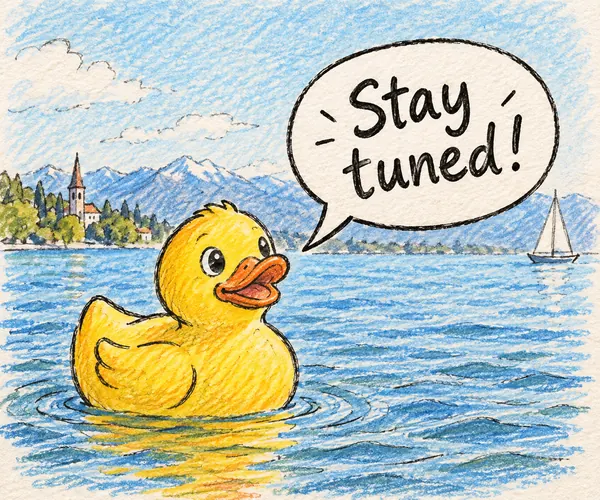 Illustration im Buntstiftstil: eine Gummiente auf einem See sagt „Stay tuned!“