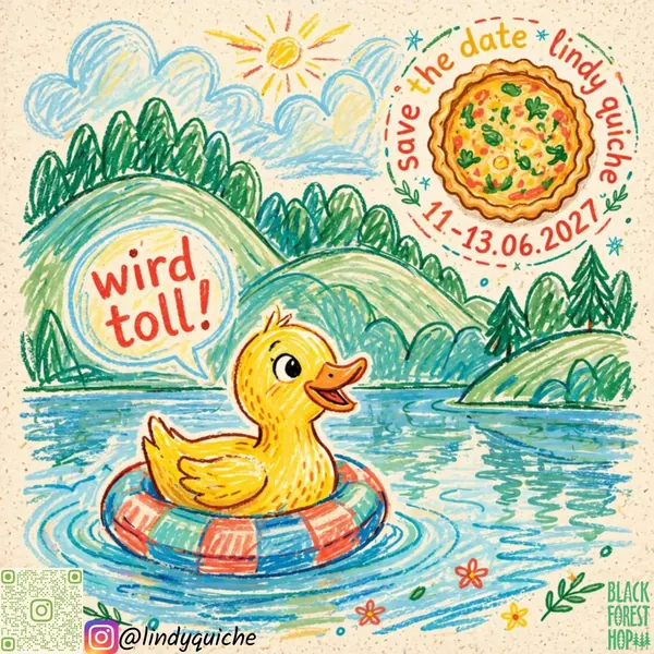 Save-the-Date-Flyer von Lindy Quiche mit der Illustration einer verschlafenen Ente