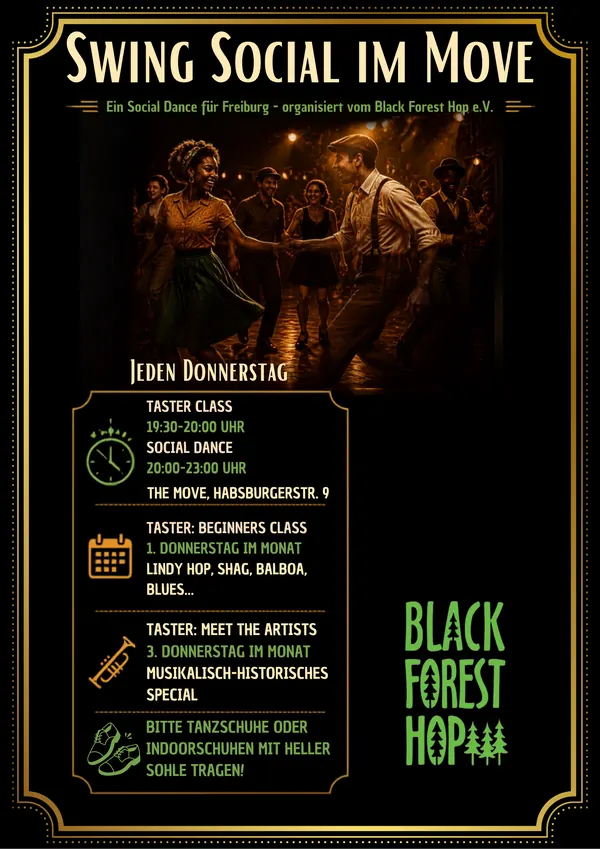 Art-déco-Plakat „Swing Social im Move“: jeden Donnerstag Taster Class 19:30–20:00, Social Dance 20:00–23:00 im Move, Habsburgerstr. 9; Beginners Class am 1. Donnerstag, „Meet the Artists“ am 3. Donnerstag; bitte Tanzschuhe oder Indoorschuhe mit heller Sohle tragen