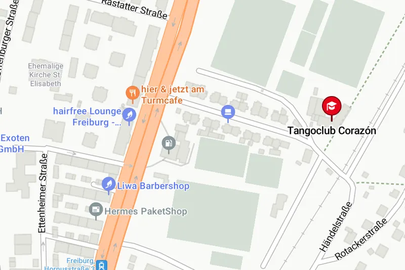 Karte der Umgebung des Tangoclub Corazón in Freiburg